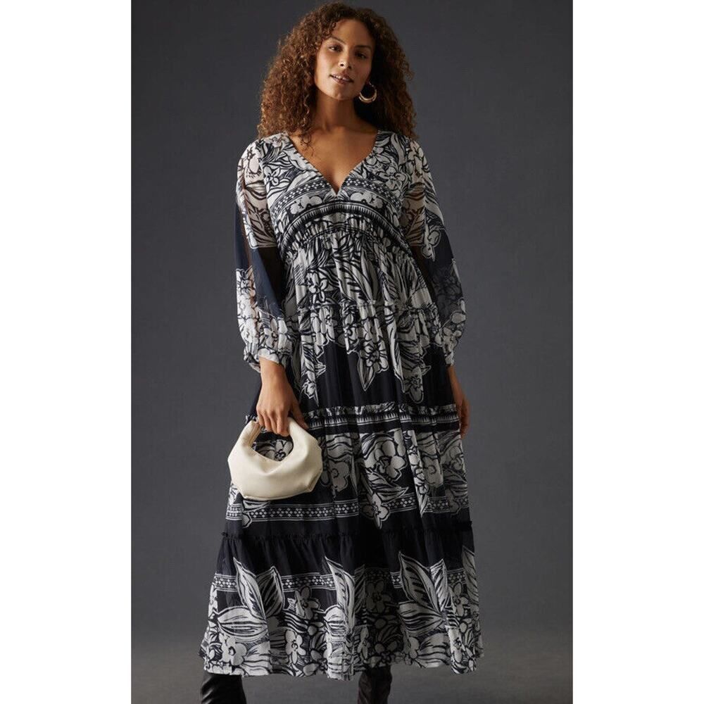 Anthropologie Vineet Bahl Tiered Long-Sleeve Dress Size Medium Black Chiffon